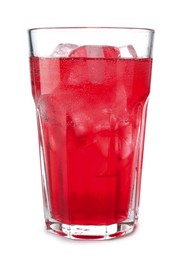 Photo of Tasty cherry soda water with ice cubes isolated on white