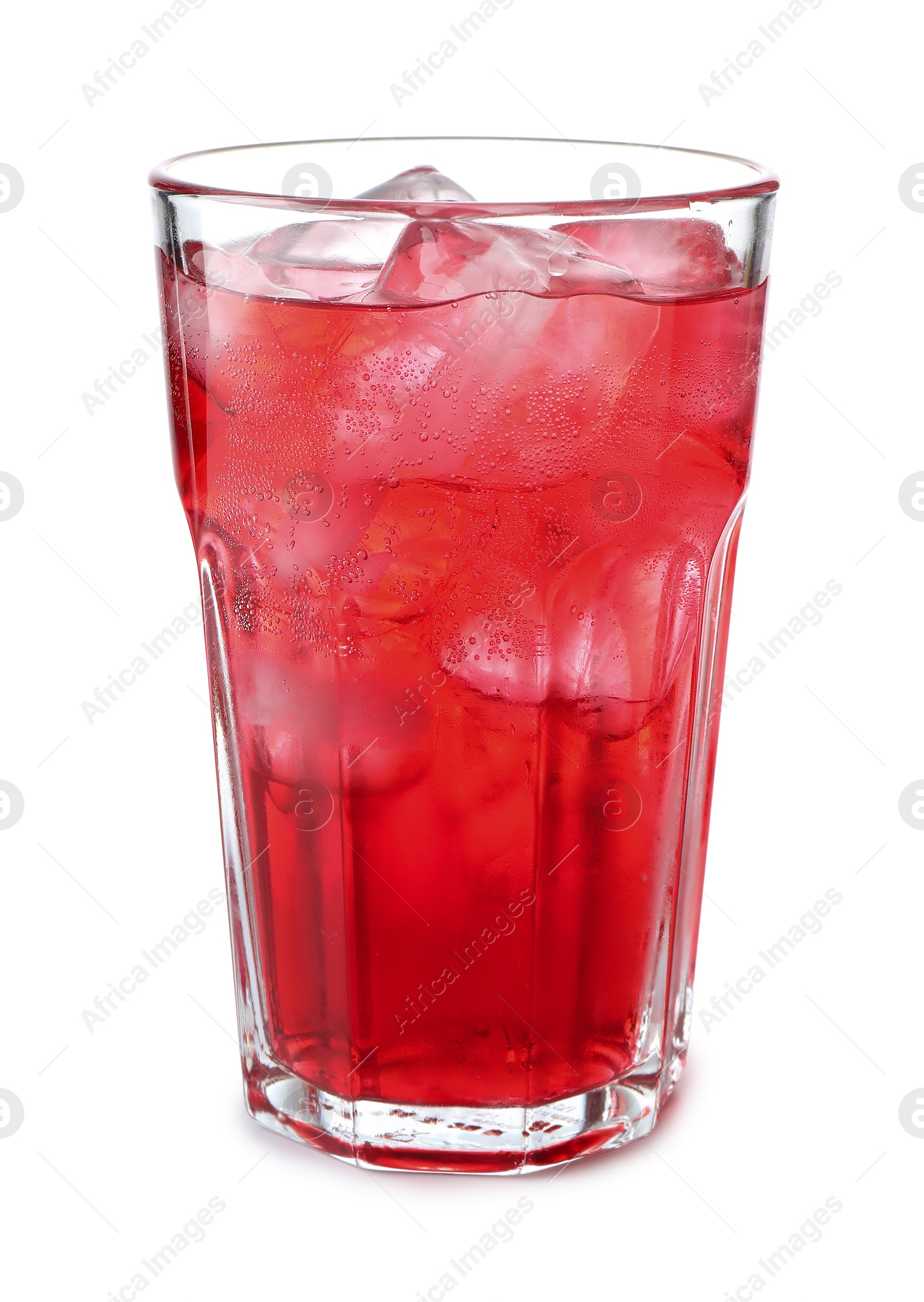Tasty cherry soda water with ice cubes isolated on white Photo of Tasty cherry soda water with ice cubes isolated on white