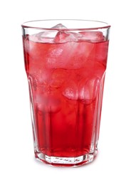 Photo of Tasty cherry soda water with ice cubes isolated on white