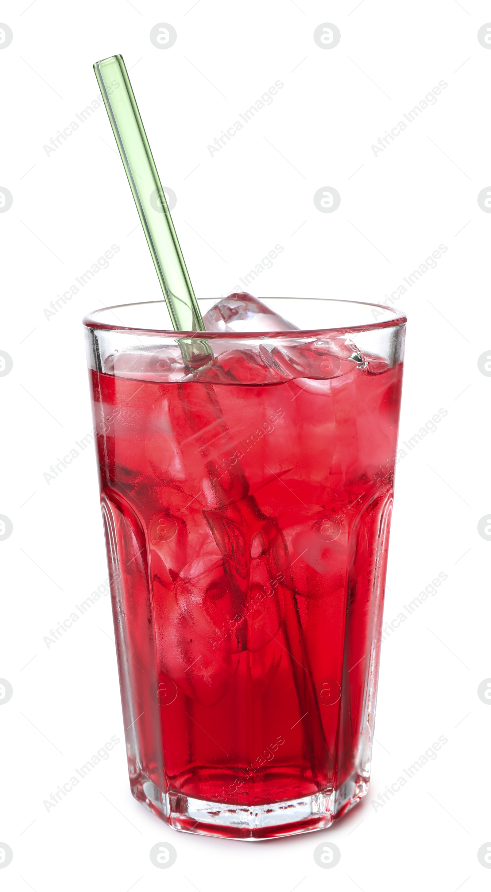 Tasty cherry soda water with ice cubes isolated on white Photo of Tasty cherry soda water with ice cubes isolated on white