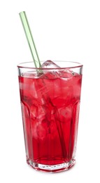 Photo of Tasty cherry soda water with ice cubes isolated on white