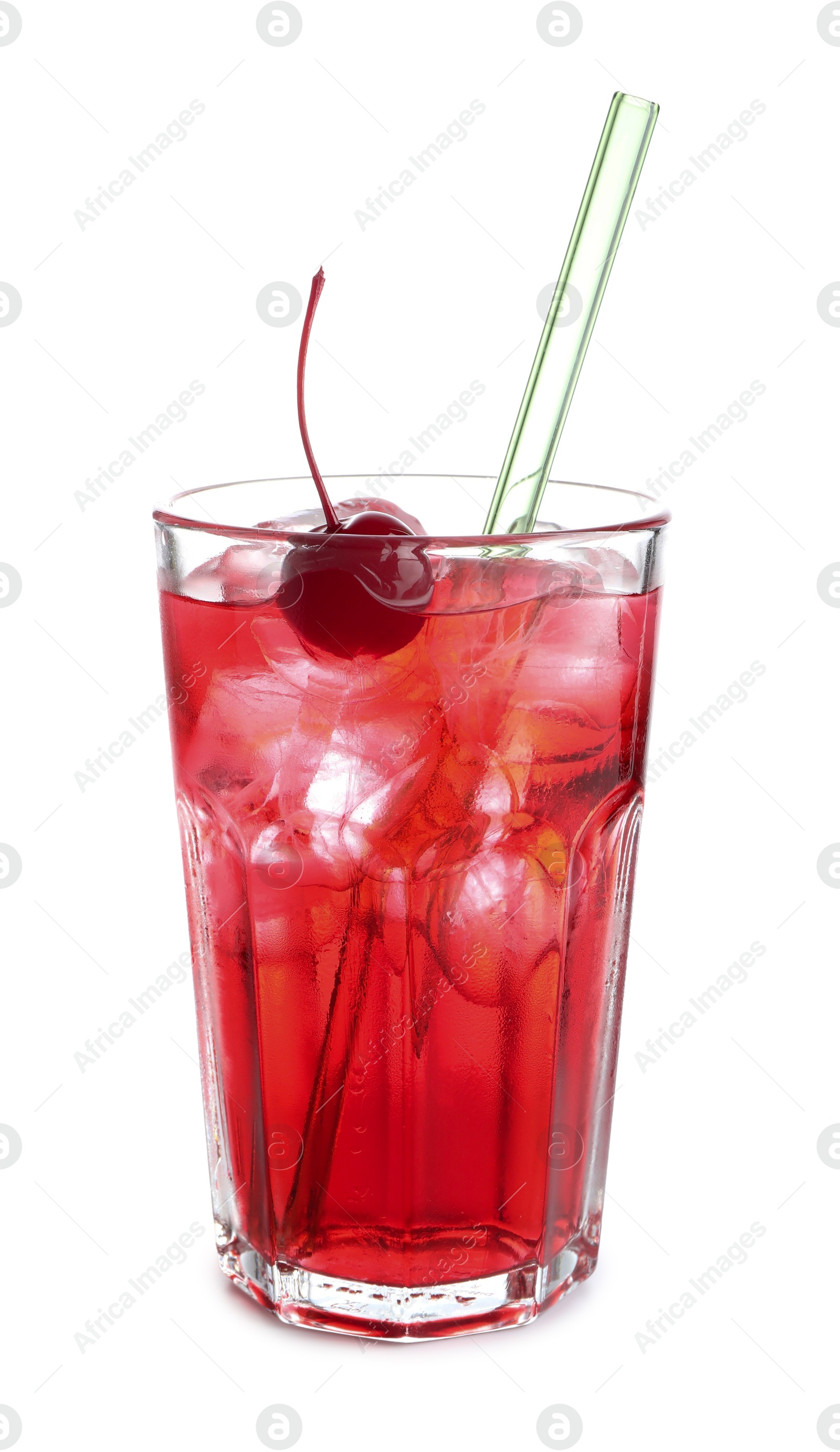 Tasty cherry soda water with ice cubes and berry isolated on white Photo of Tasty cherry soda water with ice cubes and berry isolated on white
