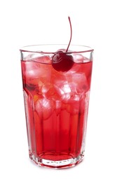 Photo of Tasty cherry soda water with ice cubes and berry isolated on white