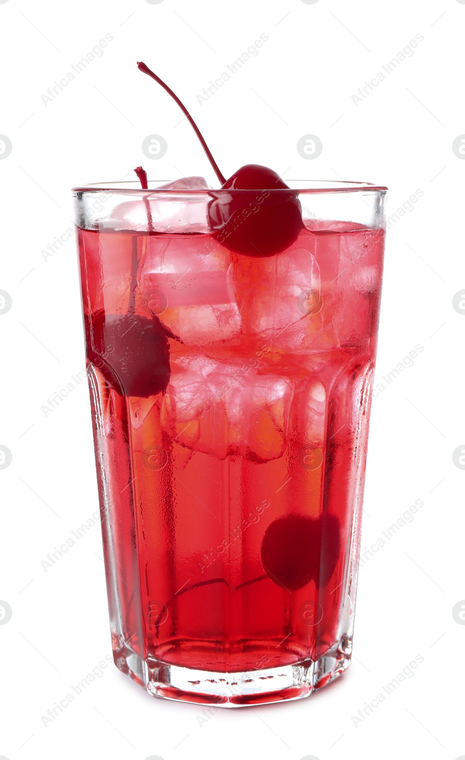 Tasty cherry soda water with ice cubes and berries isolated on white Photo of Tasty cherry soda water with ice cubes and berries isolated on white