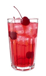 Photo of Tasty cherry soda water with ice cubes and berries isolated on white