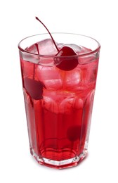 Photo of Tasty cherry soda water with ice cubes and berries isolated on white