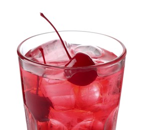 Photo of Tasty cherry soda water with ice cubes and berries isolated on white