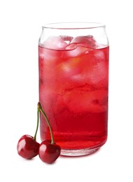 Photo of Tasty cherry soda water with ice cubes and berries isolated on white