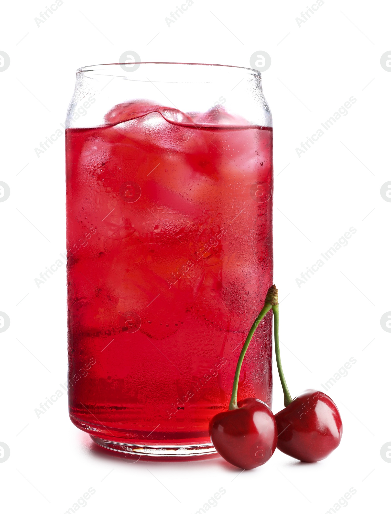 Tasty cherry soda water with ice cubes and berries isolated on white Photo of Tasty cherry soda water with ice cubes and berries isolated on white
