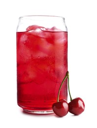 Photo of Tasty cherry soda water with ice cubes and berries isolated on white