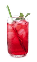Photo of Tasty cherry soda water with ice cubes and mint isolated on white