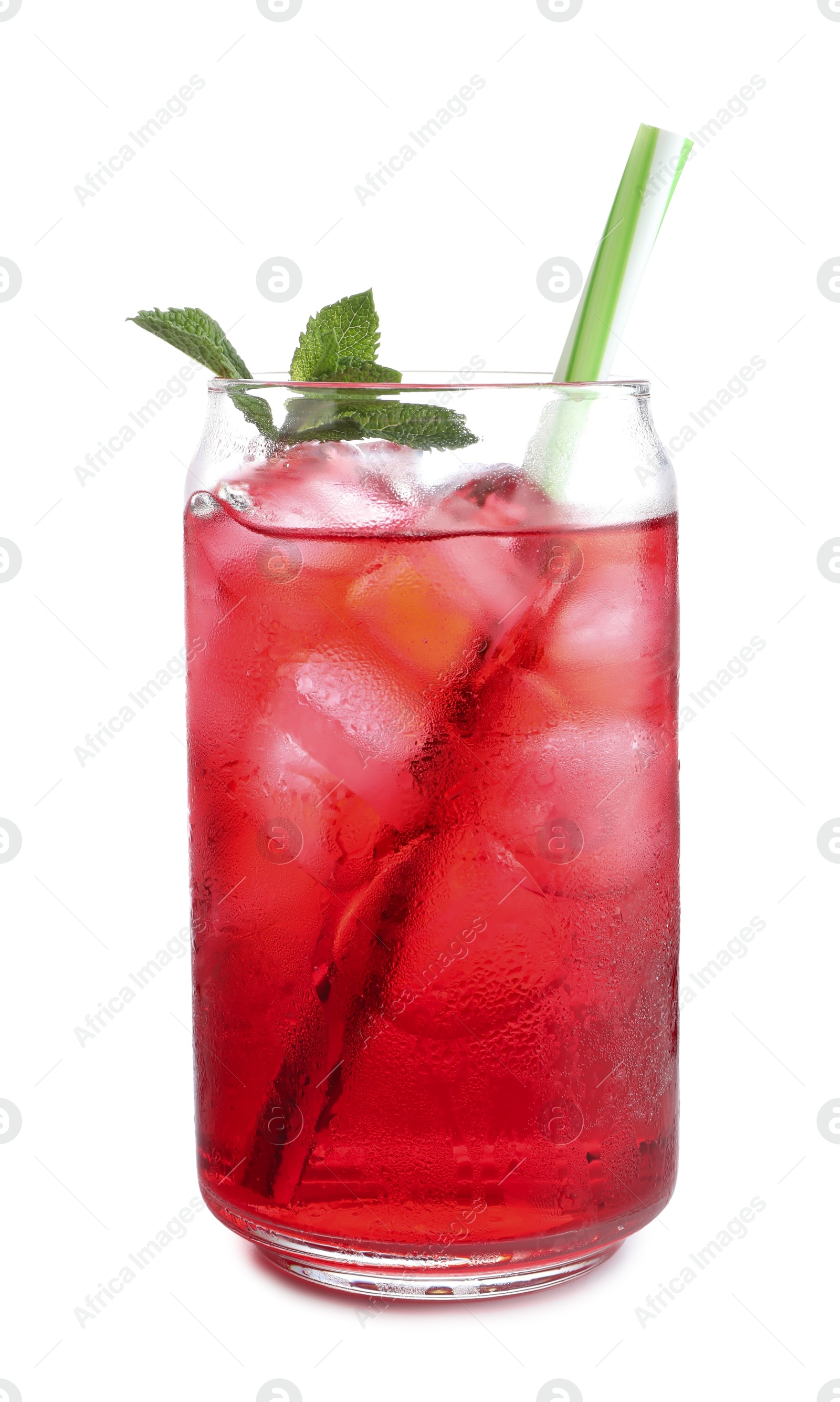 Tasty cherry soda water with ice cubes and mint isolated on white Photo of Tasty cherry soda water with ice cubes and mint isolated on white