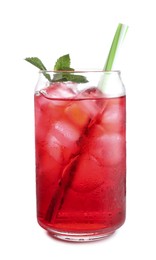 Photo of Tasty cherry soda water with ice cubes and mint isolated on white