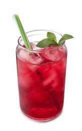 Photo of Tasty cherry soda water with ice cubes and mint isolated on white