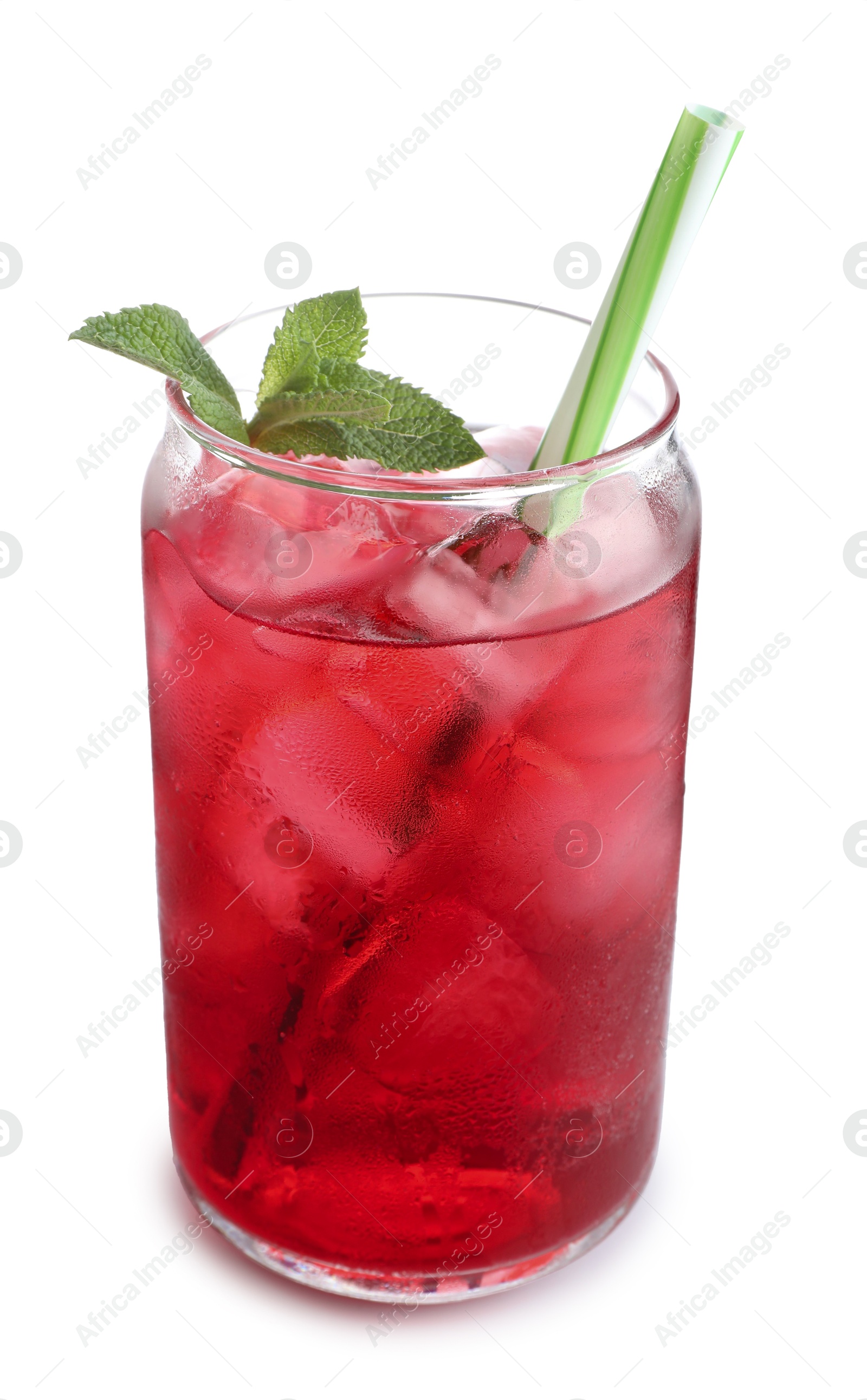 Tasty cherry soda water with ice cubes and mint isolated on white Photo of Tasty cherry soda water with ice cubes and mint isolated on white