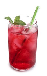 Photo of Tasty cherry soda water with ice cubes and mint isolated on white