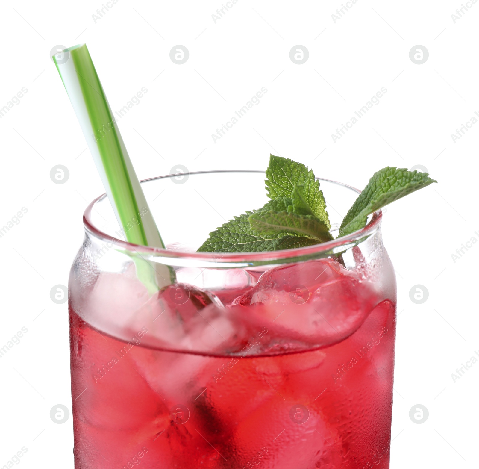 Photo of Tasty cherry soda water with ice cubes and mint isolated on white