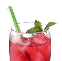 Photo of Tasty cherry soda water with ice cubes and mint isolated on white