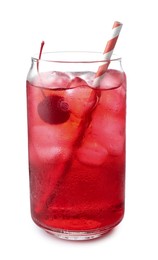 Photo of Tasty cherry soda water with ice cubes and berry isolated on white