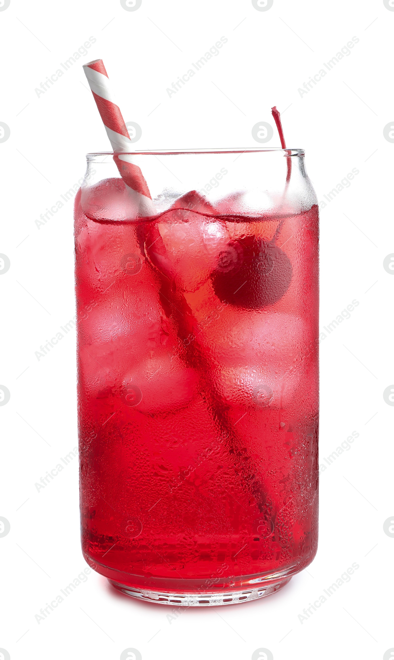 Tasty cherry soda water with ice cubes and berry isolated on white Photo of Tasty cherry soda water with ice cubes and berry isolated on white