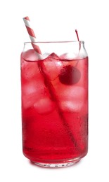 Photo of Tasty cherry soda water with ice cubes and berry isolated on white