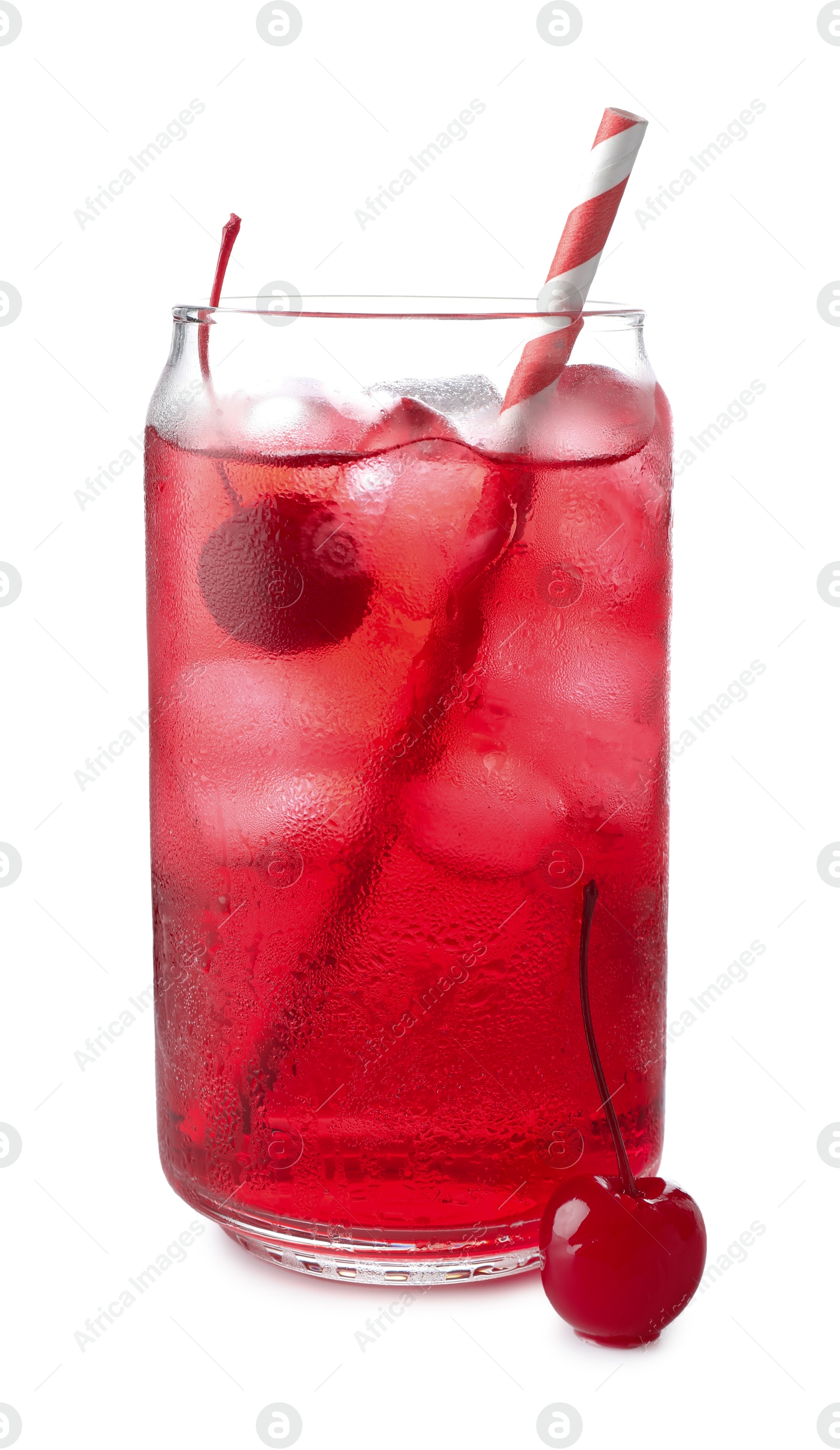 Tasty cherry soda water with ice cubes and berries isolated on white Photo of Tasty cherry soda water with ice cubes and berries isolated on white