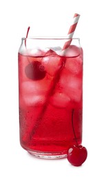 Photo of Tasty cherry soda water with ice cubes and berries isolated on white