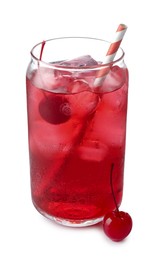 Photo of Tasty cherry soda water with ice cubes and berries isolated on white