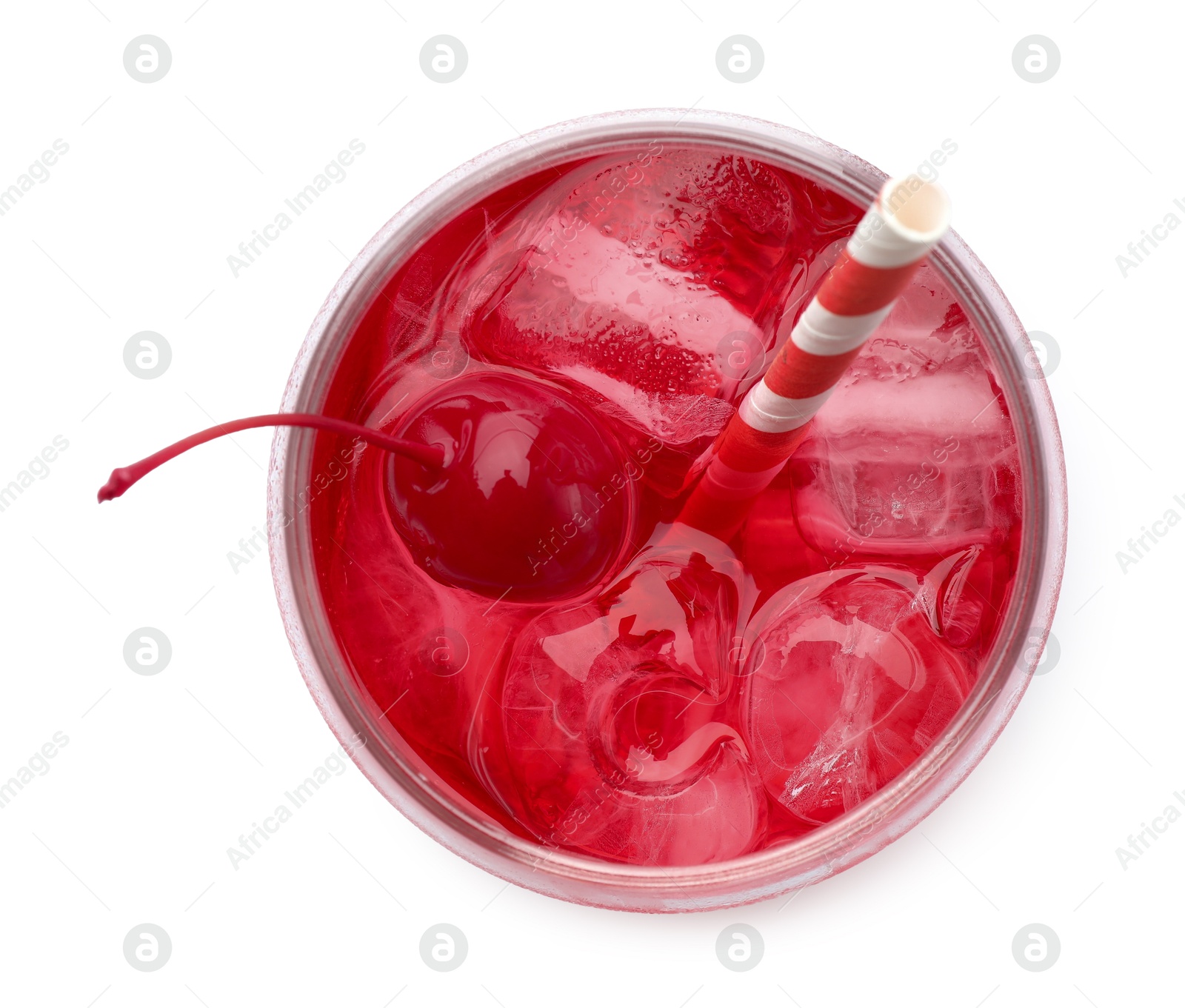 Tasty cherry soda water with ice cubes and berry isolated on white Photo of Tasty cherry soda water with ice cubes and berry isolated on white
