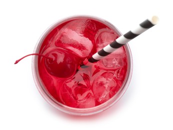 Photo of Tasty cherry soda water with ice cubes and berry isolated on white, top view