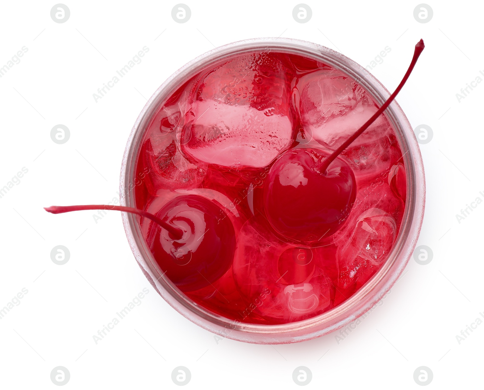 Tasty cherry soda water with ice cubes and berries isolated on white, top view Photo of Tasty cherry soda water with ice cubes and berries isolated on white, top view