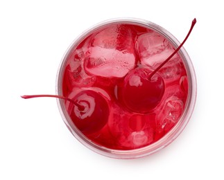 Photo of Tasty cherry soda water with ice cubes and berries isolated on white, top view