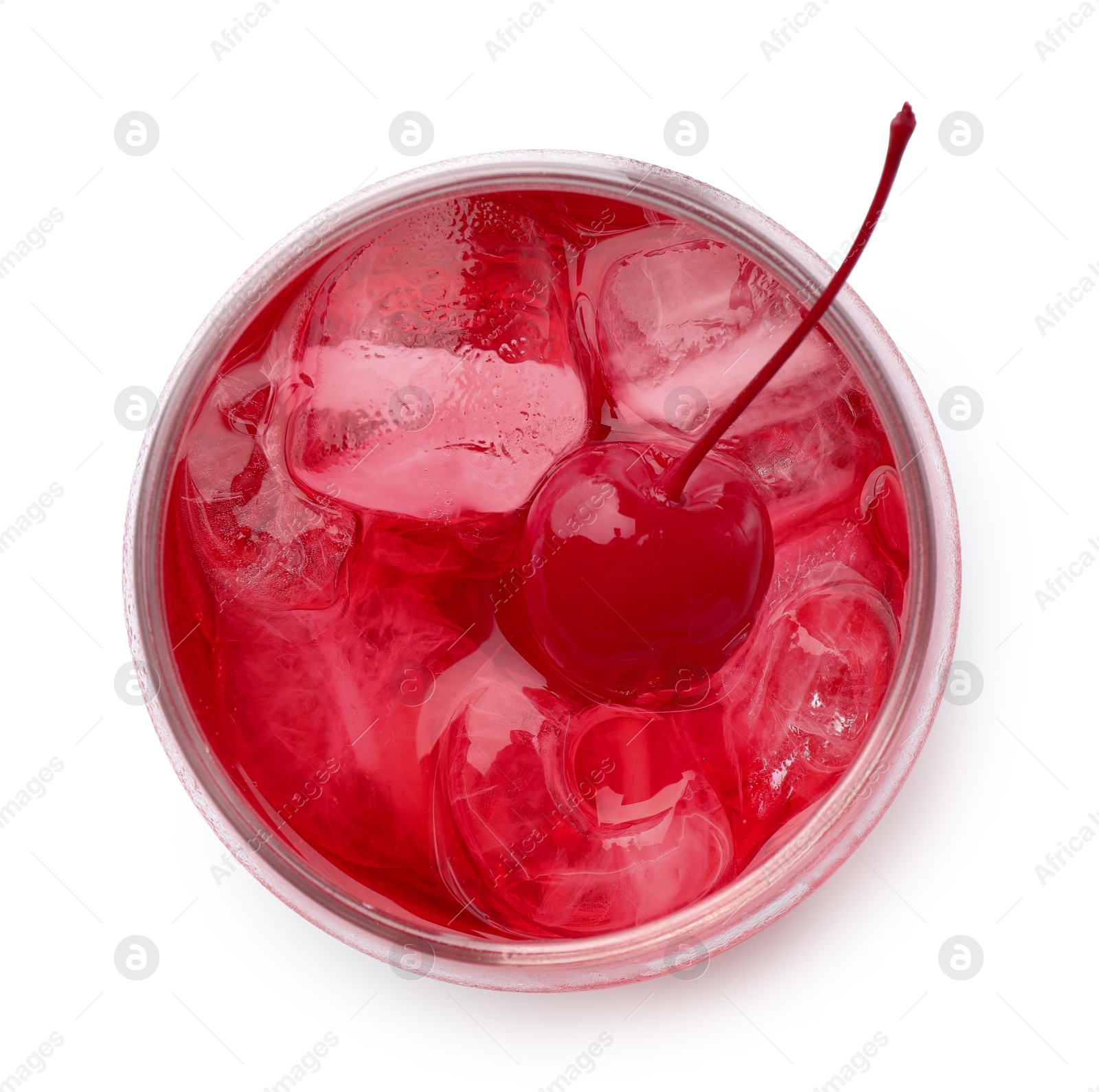 Tasty cherry soda water with ice cubes and berry isolated on white, top view Photo of Tasty cherry soda water with ice cubes and berry isolated on white, top view