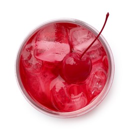 Photo of Tasty cherry soda water with ice cubes and berry isolated on white, top view