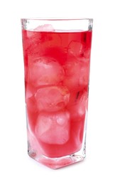 Photo of Tasty cherry soda water with ice cubes isolated on white