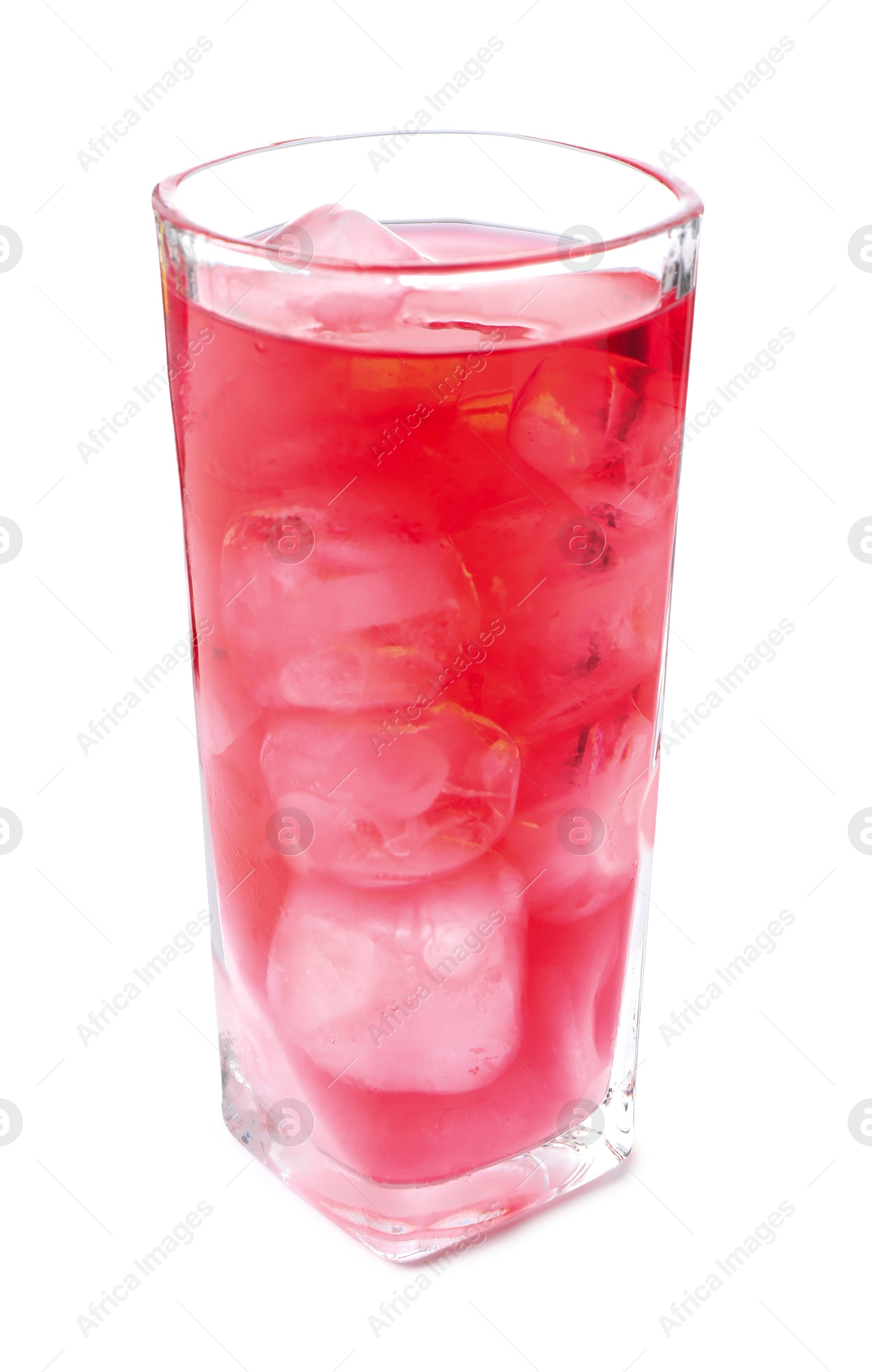 Photo of Tasty cherry soda water with ice cubes isolated on white