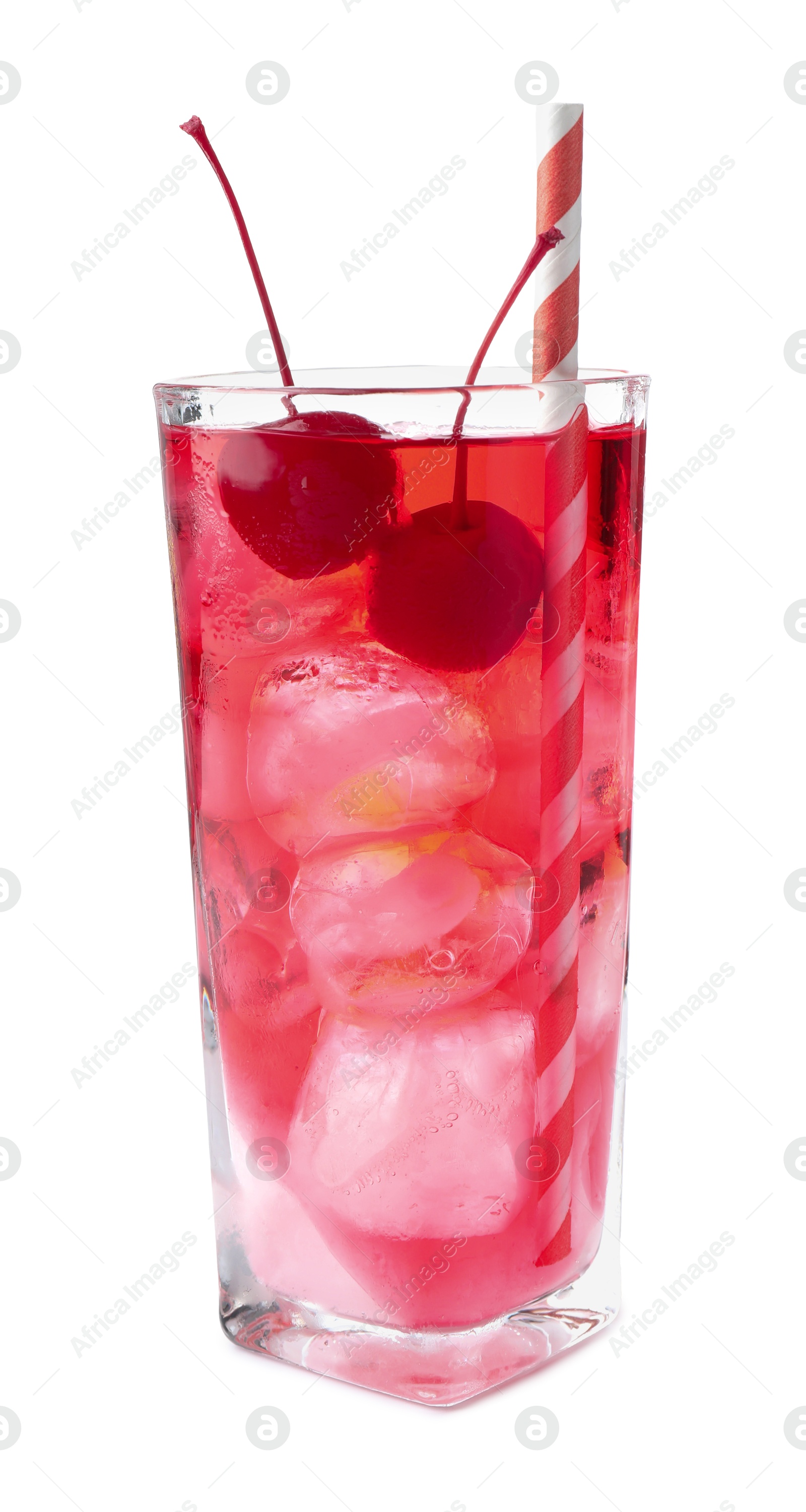 Tasty cherry soda water with ice cubes and berries isolated on white Photo of Tasty cherry soda water with ice cubes and berries isolated on white