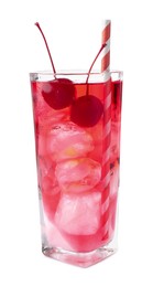 Photo of Tasty cherry soda water with ice cubes and berries isolated on white