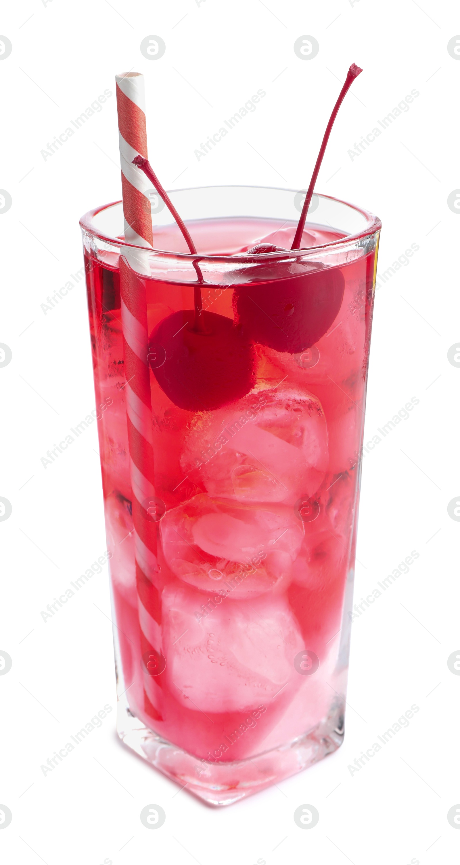 Tasty cherry soda water with ice cubes and berries isolated on white Photo of Tasty cherry soda water with ice cubes and berries isolated on white