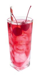 Photo of Tasty cherry soda water with ice cubes and berries isolated on white