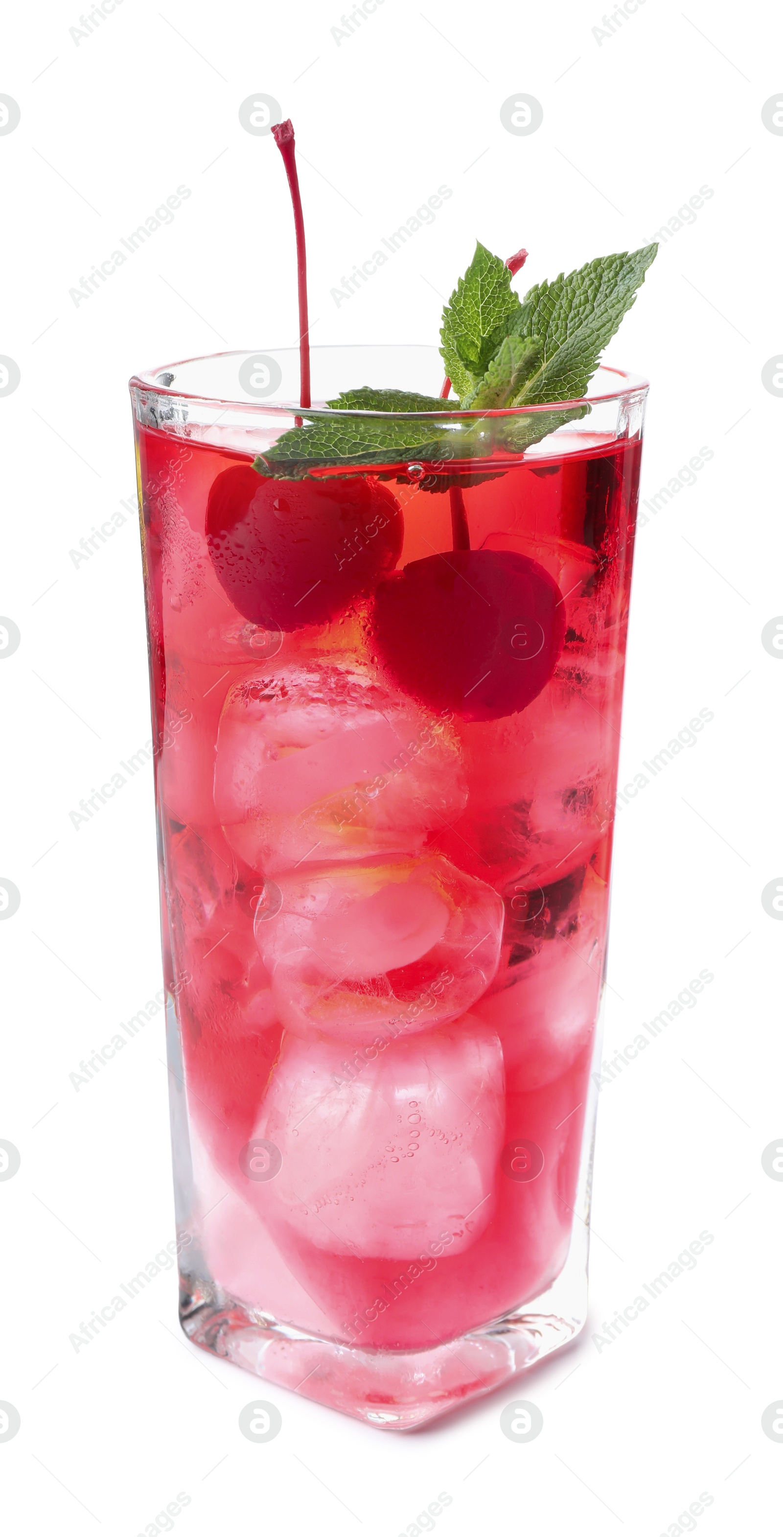 Tasty cherry soda water with ice cubes, berries and mint isolated on white Photo of Tasty cherry soda water with ice cubes, berries and mint isolated on white