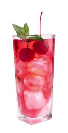 Photo of Tasty cherry soda water with ice cubes, berries and mint isolated on white