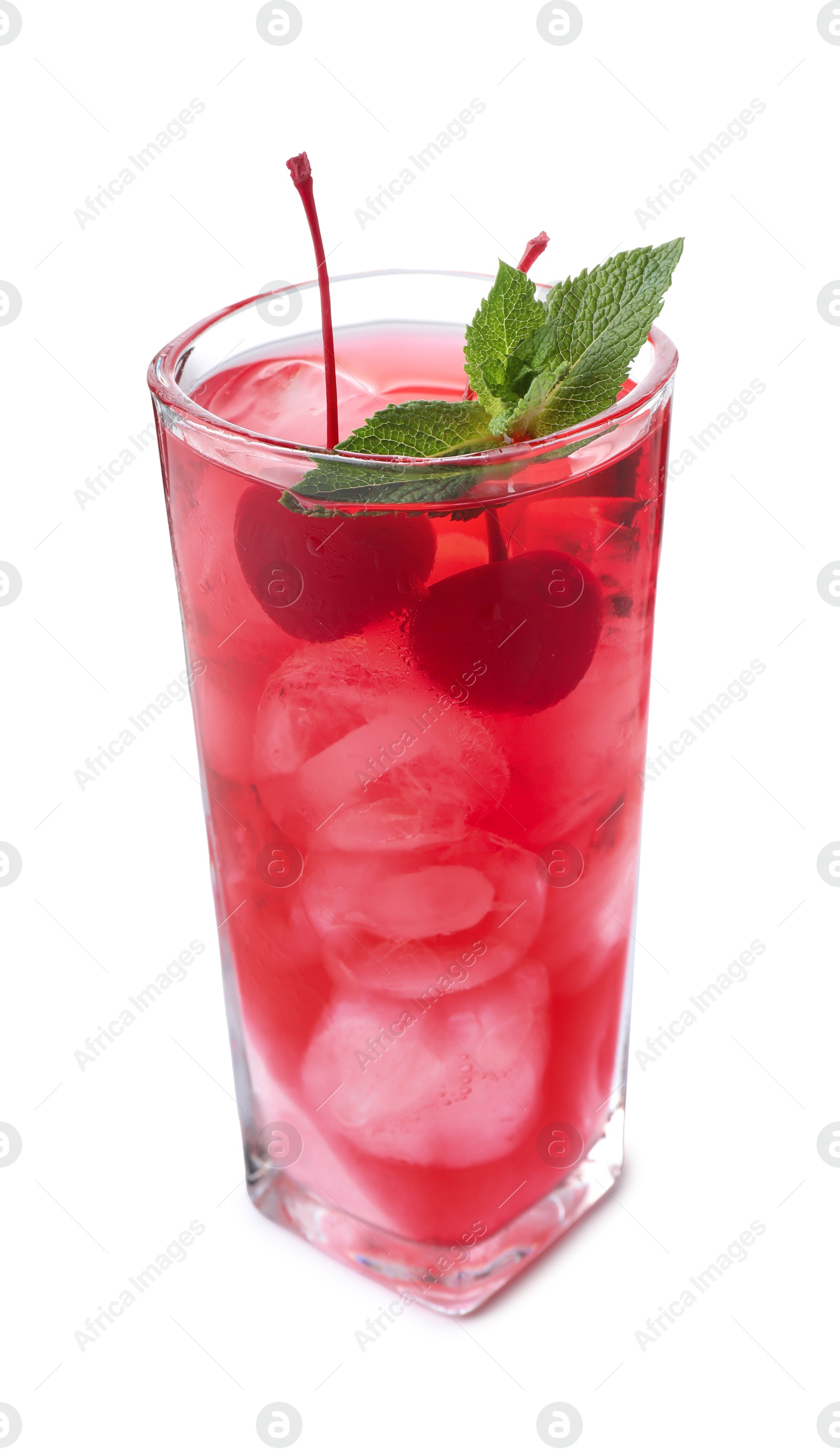 Tasty cherry soda water with ice cubes, berries and mint isolated on white Photo of Tasty cherry soda water with ice cubes, berries and mint isolated on white