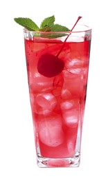 Photo of Tasty cherry soda water with ice cubes, berry and mint isolated on white