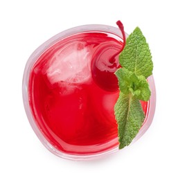 Photo of Tasty cherry soda water with ice cubes, berry and mint isolated on white, top view