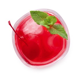 Photo of Tasty cherry soda water with ice cubes, berry and mint isolated on white, top view