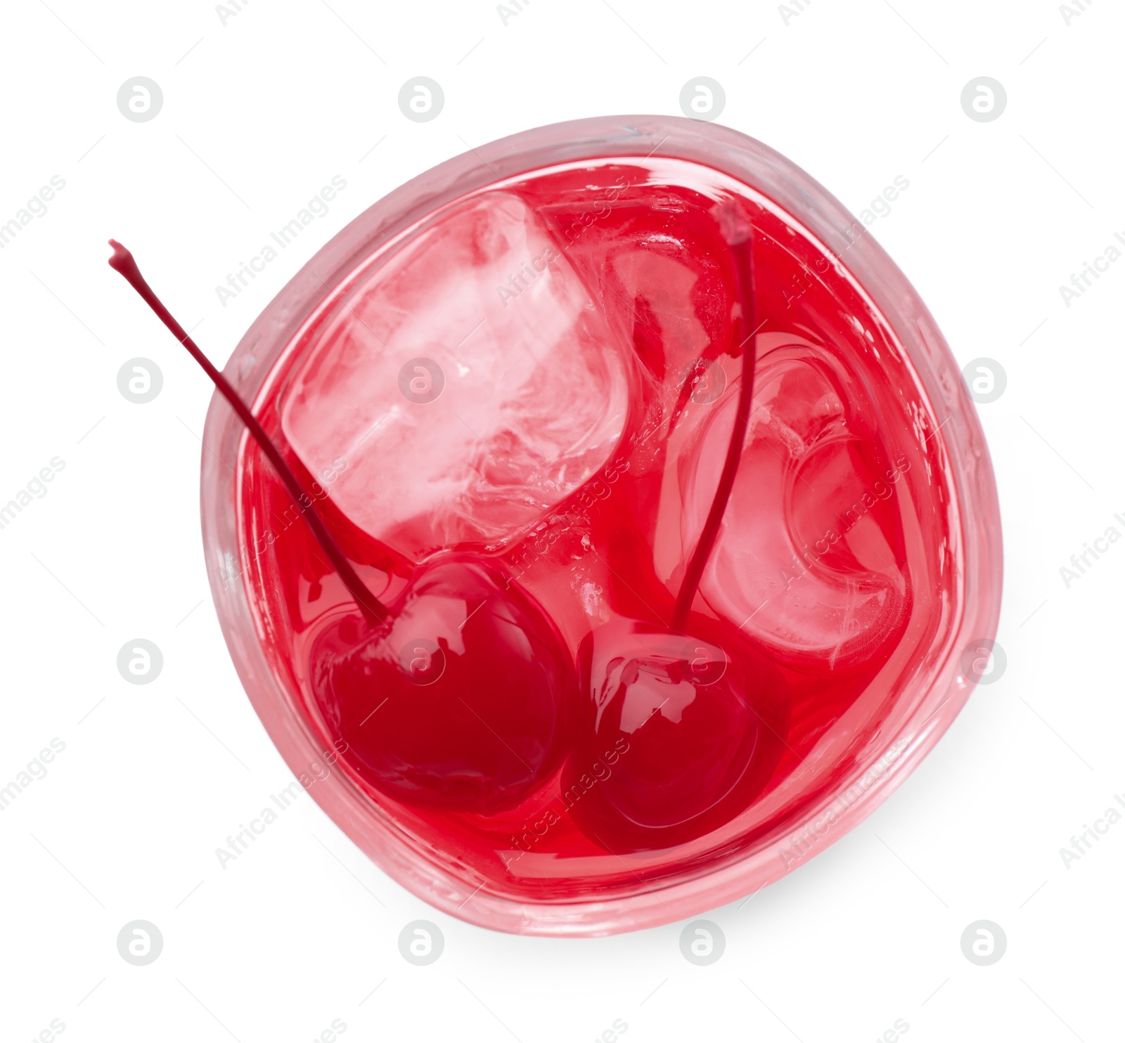 Tasty cherry soda water with ice cubes and berries isolated on white, top view Photo of Tasty cherry soda water with ice cubes and berries isolated on white, top view