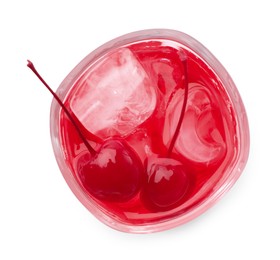 Photo of Tasty cherry soda water with ice cubes and berries isolated on white, top view