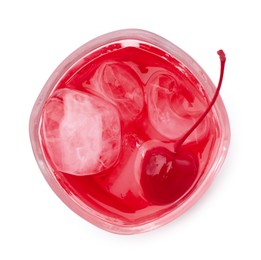 Photo of Tasty cherry soda water with ice cubes and berry isolated on white, top view