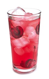 Photo of Tasty cherry soda water with ice cubes and berries isolated on white